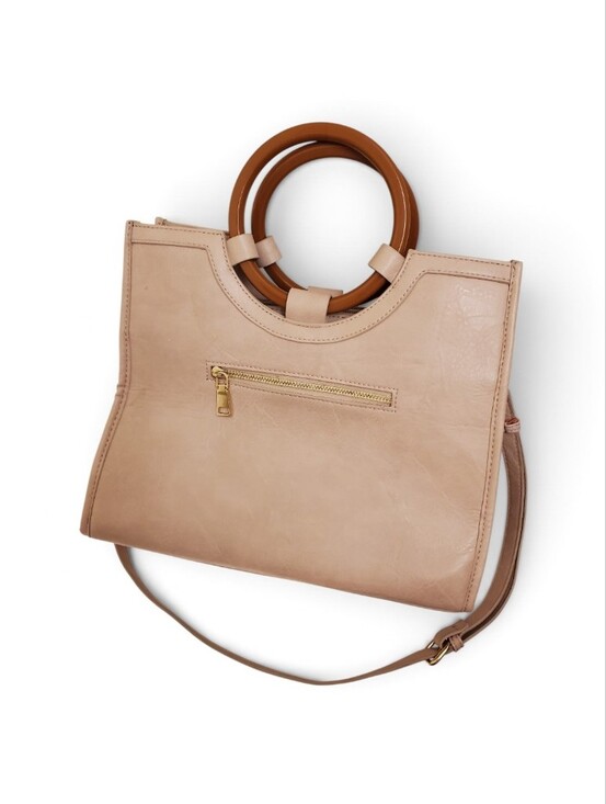 Moda Luxe Handbags - Moda Luxe Beige Woven Crossbody Tote with Wooden Ring Handles